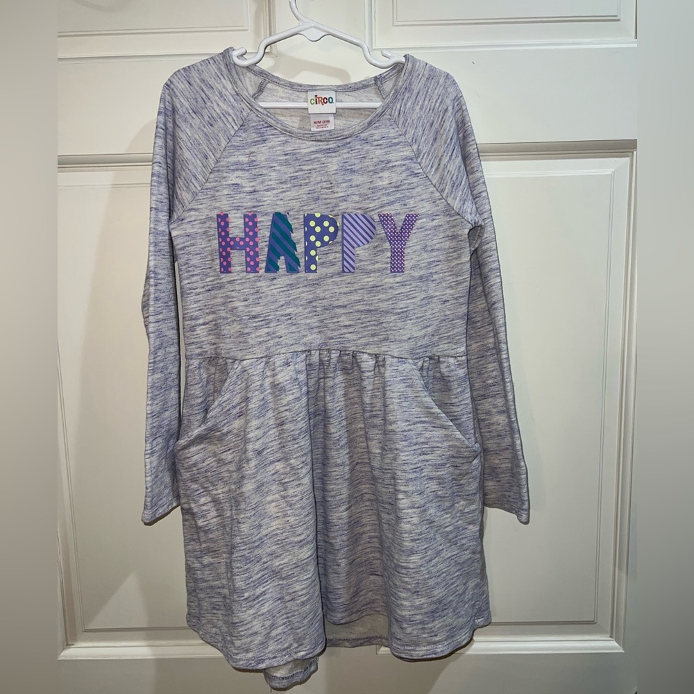 Circo girls' size 7-8 long-sleeve dress with pockets and a  Easter "HAPPY" print